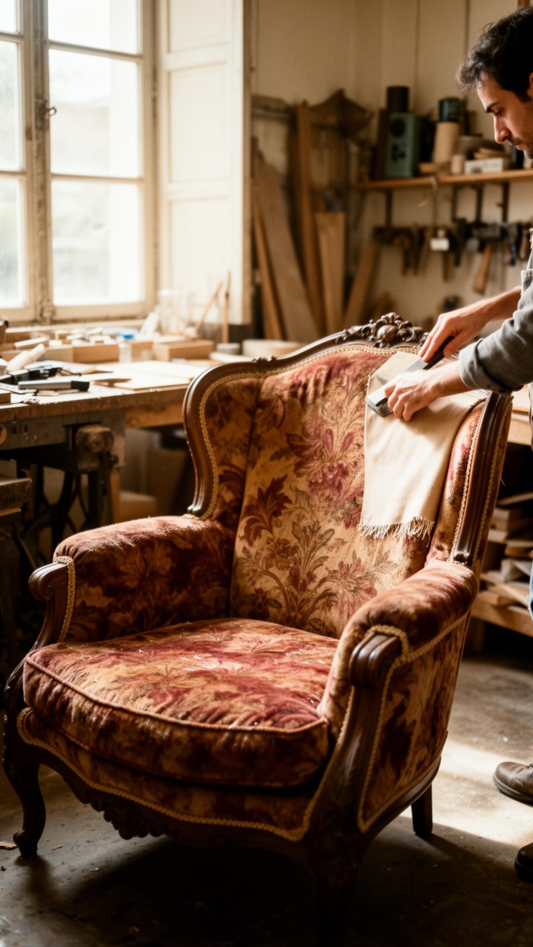 Artisan tapissier au travail dans son atelier à Decize